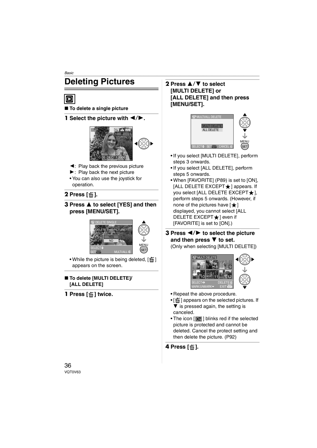 Panasonic DMC-FZ7 Deleting Pictures, Select the picture with 2/1, Press Press 3 to select YES and then press MENU/SET 