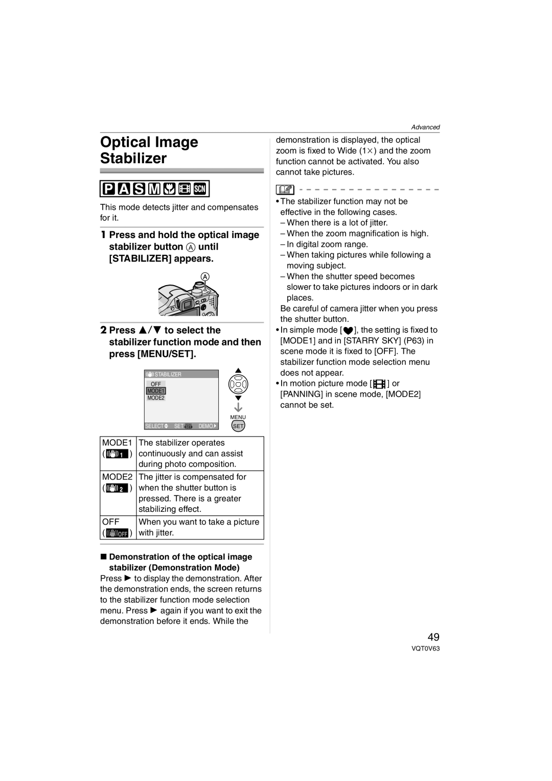 Panasonic DMCFZ7S, DMC-FZ7 Optical Image Stabilizer, This mode detects jitter and compensates for it, Stabilizer operates 