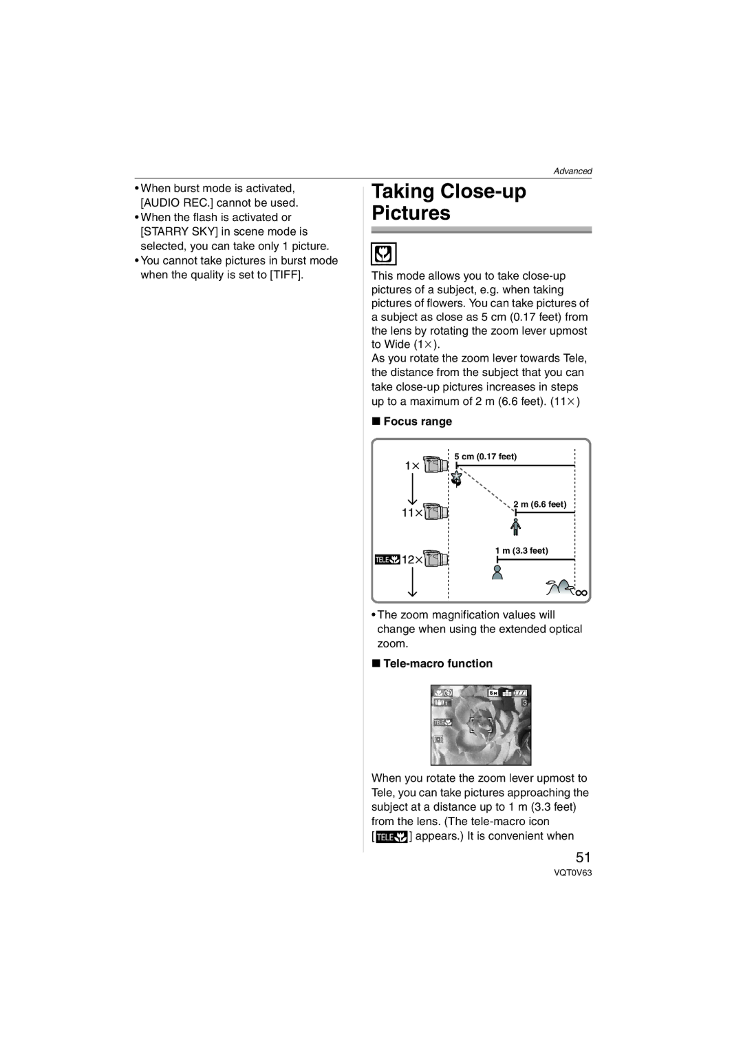 Panasonic DMC-FZ7, DMCFZ7S Taking Close-up Pictures, When burst mode is activated, Audio REC. cannot be used, Focus range 