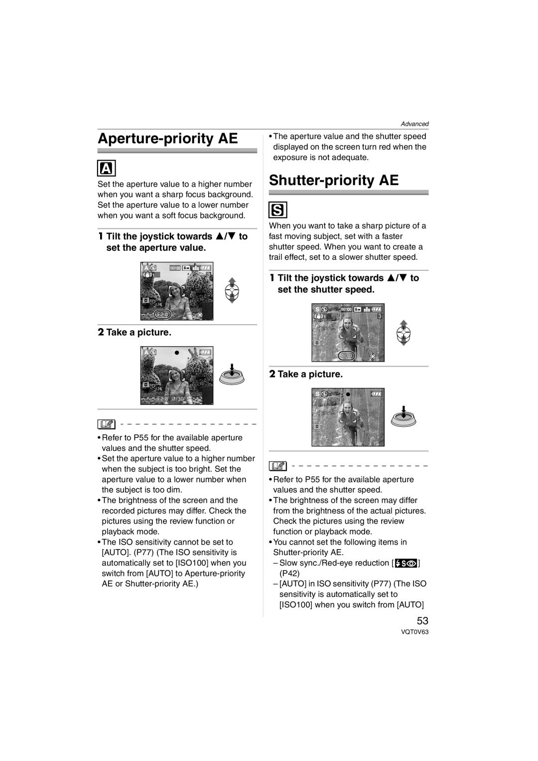 Panasonic DMCFZ7K Aperture-priority AE, Shutter-priority AE, Tilt the joystick towards 3/4 to set the aperture value 