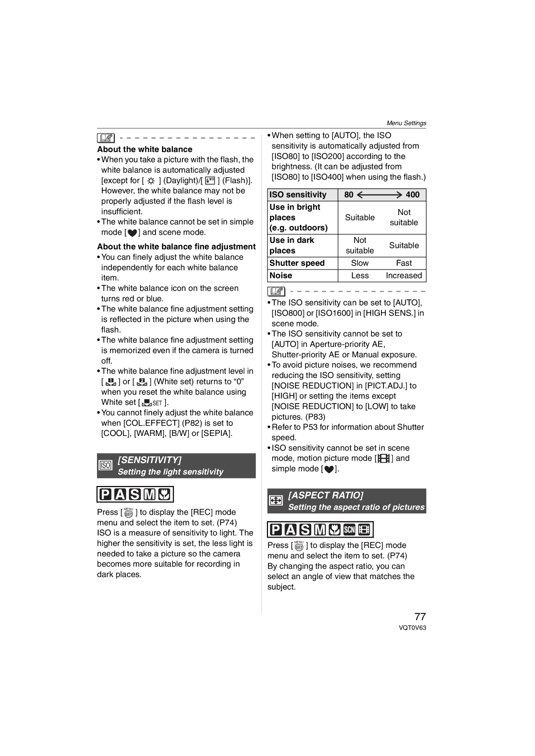 Panasonic DMCFZ7K, DMC-FZ7 Sensitivity, Aspect Ratio, Setting the light sensitivity, Setting the aspect ratio of pictures 