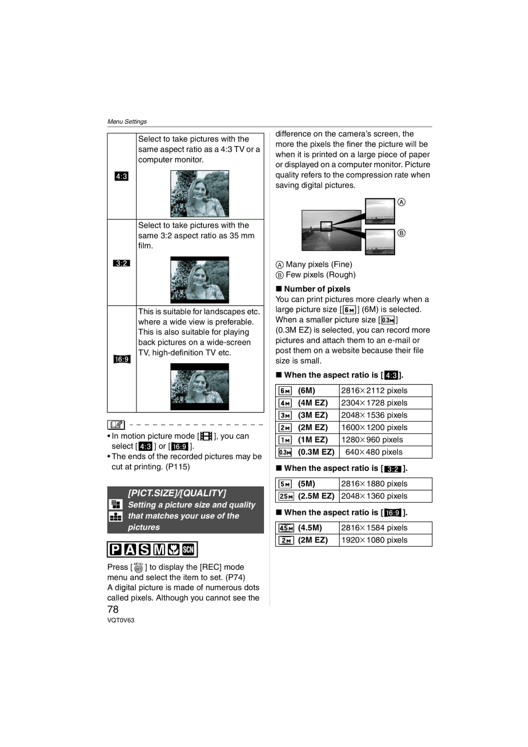 Panasonic DMC-FZ7, DMCFZ7S, DMCFZ7K operating instructions Pict.Size/Quality 