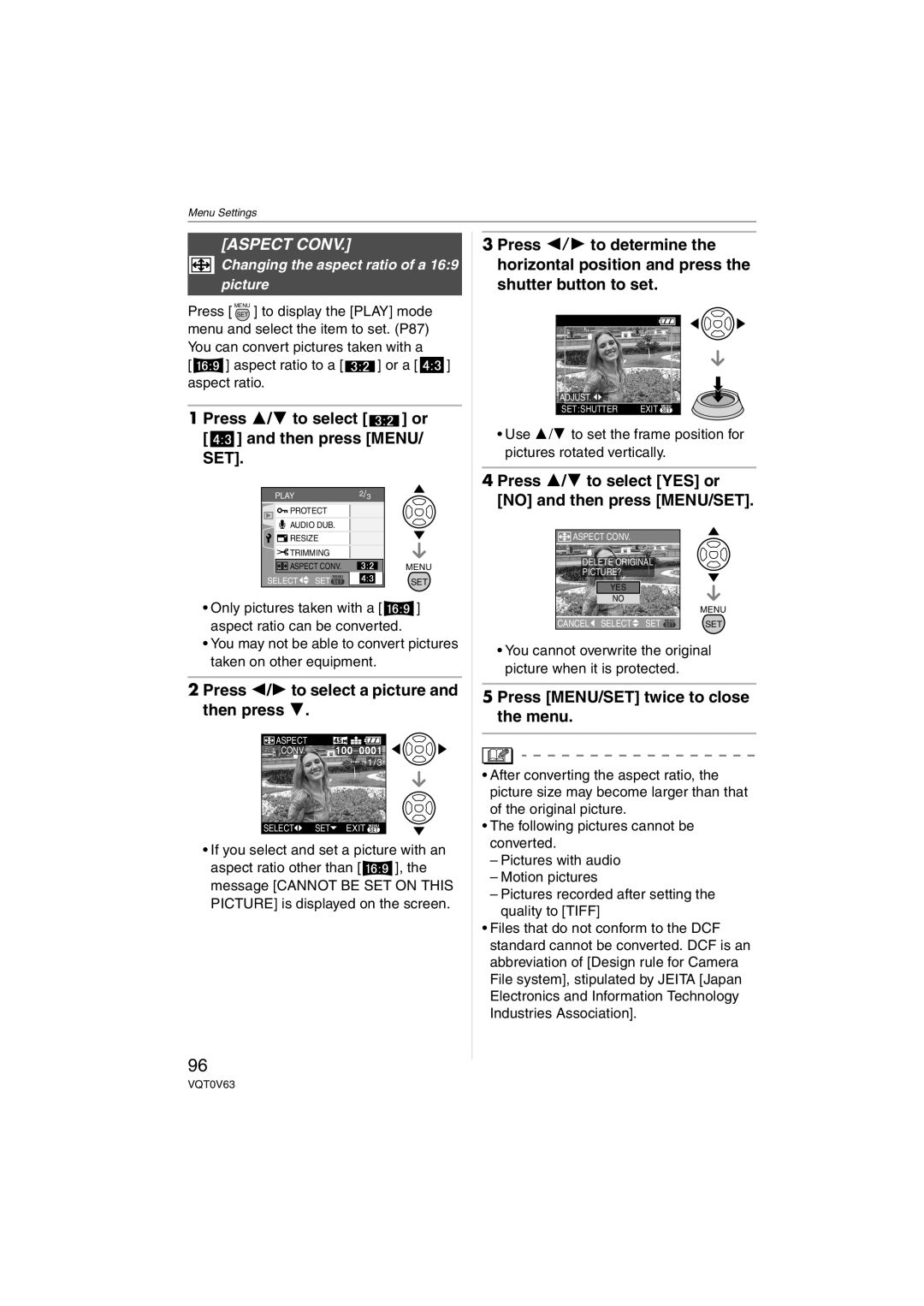 Panasonic DMC-FZ7 Aspect Conv, Press 3/4 to select or and then press MENU/ SET, Changing the aspect ratio of a 169 picture 