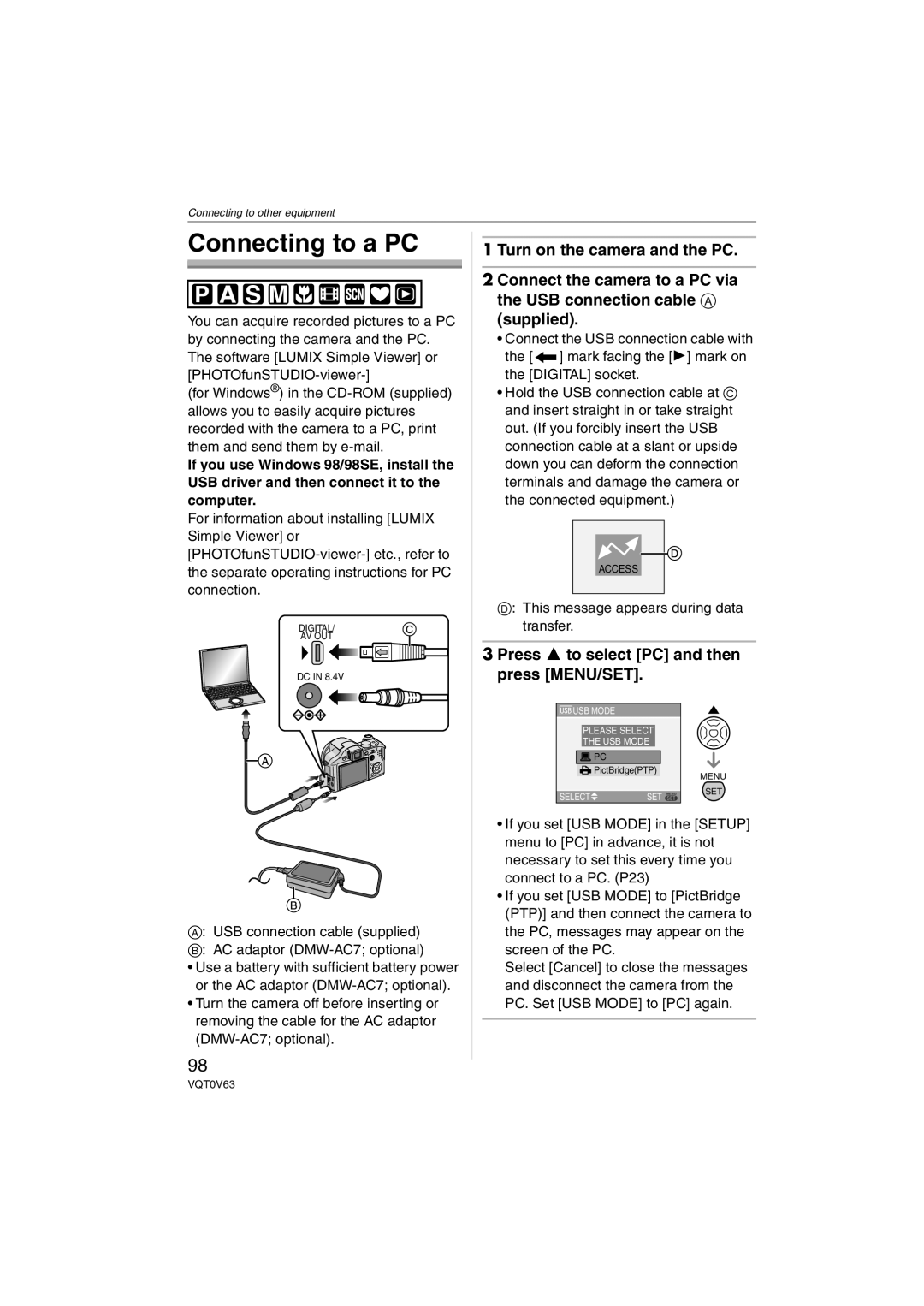 Panasonic DMCFZ7K, DMC-FZ7, DMCFZ7S operating instructions Connecting to a PC, Press 3 to select PC and then press MENU/SET 