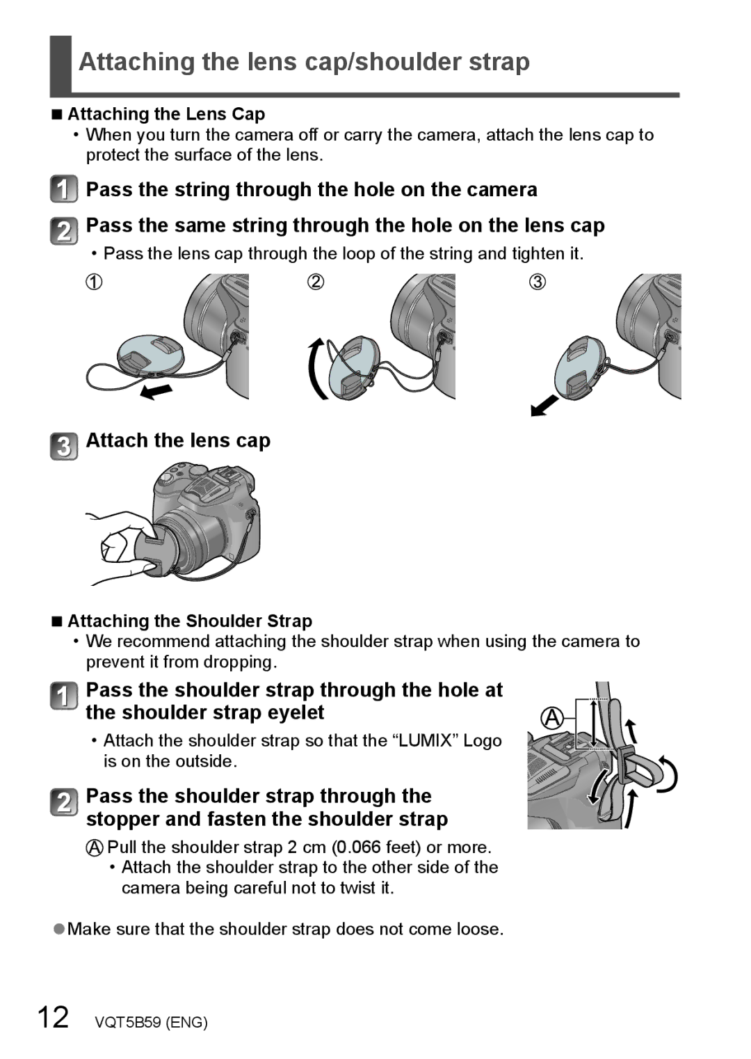 Panasonic DMC-FZ70, DMCFZ70K owner manual Attaching the lens cap/shoulder strap, Attach the lens cap, Attaching the Lens Cap 