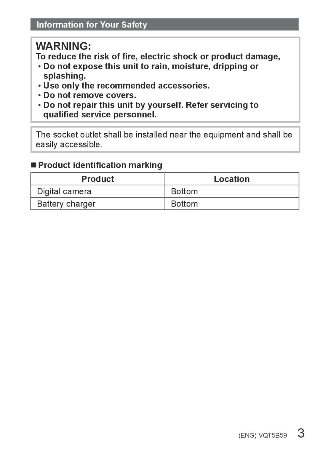 Panasonic DMCFZ70K, DMC-FZ70 owner manual Information for Your Safety, Product identification marking Location 