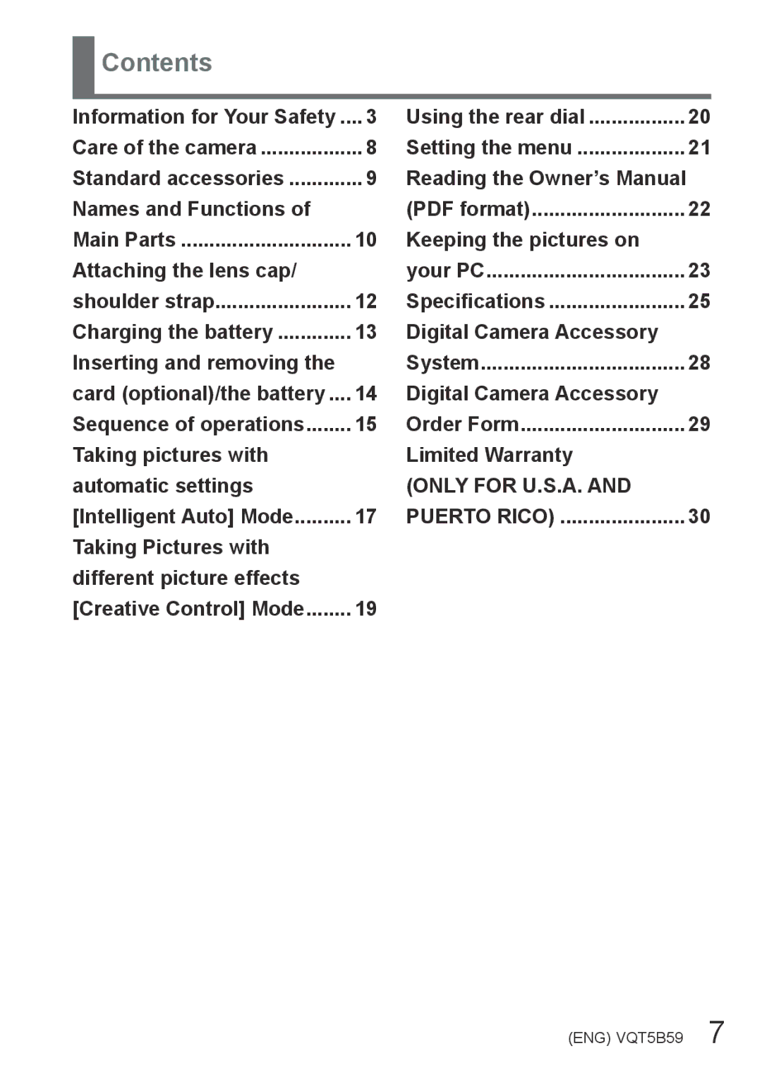 Panasonic DMCFZ70K, DMC-FZ70 owner manual Contents 