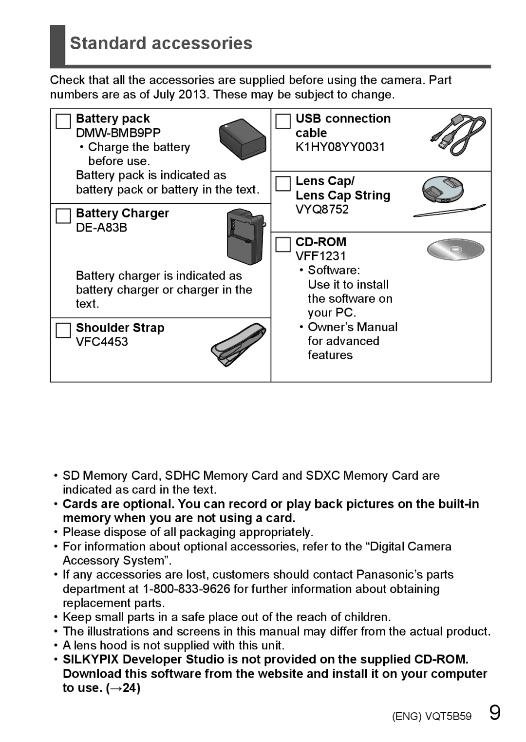 Panasonic DMCFZ70K Standard accessories, Battery pack DMW-BMB9PP Charge the battery, Battery Charger, Shoulder Strap 