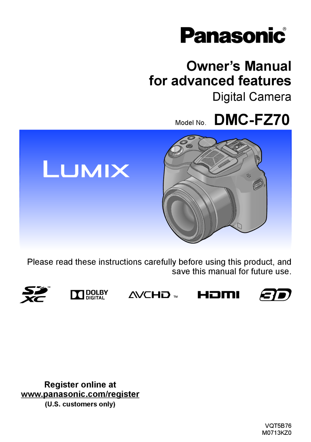 Panasonic DMC-FZ70 owner manual Register online at, Customers only 