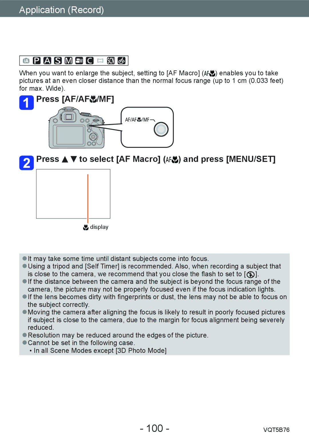 Panasonic DMC-FZ70 owner manual Taking close-up pictures Macro recording, 100 