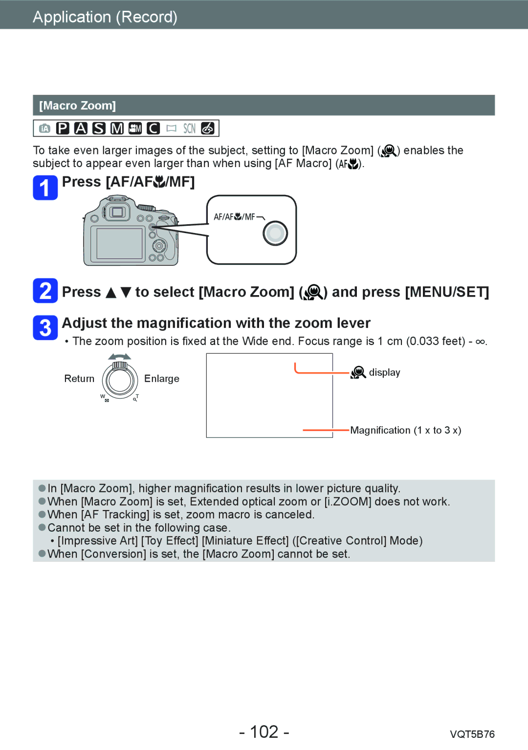 Panasonic DMC-FZ70 owner manual 102, Macro Zoom 