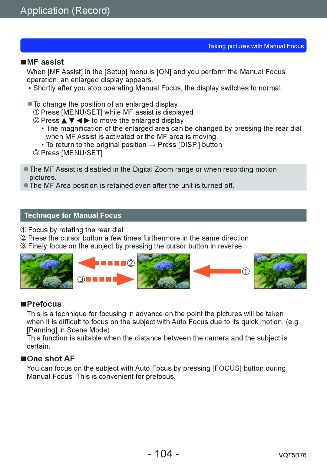 Panasonic DMC-FZ70 owner manual 104, MF assist, Prefocus, One shot AF, Technique for Manual Focus 