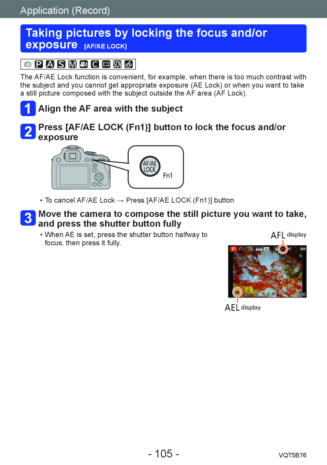 Panasonic DMC-FZ70 owner manual Taking pictures by locking the focus and/or exposure, 105 