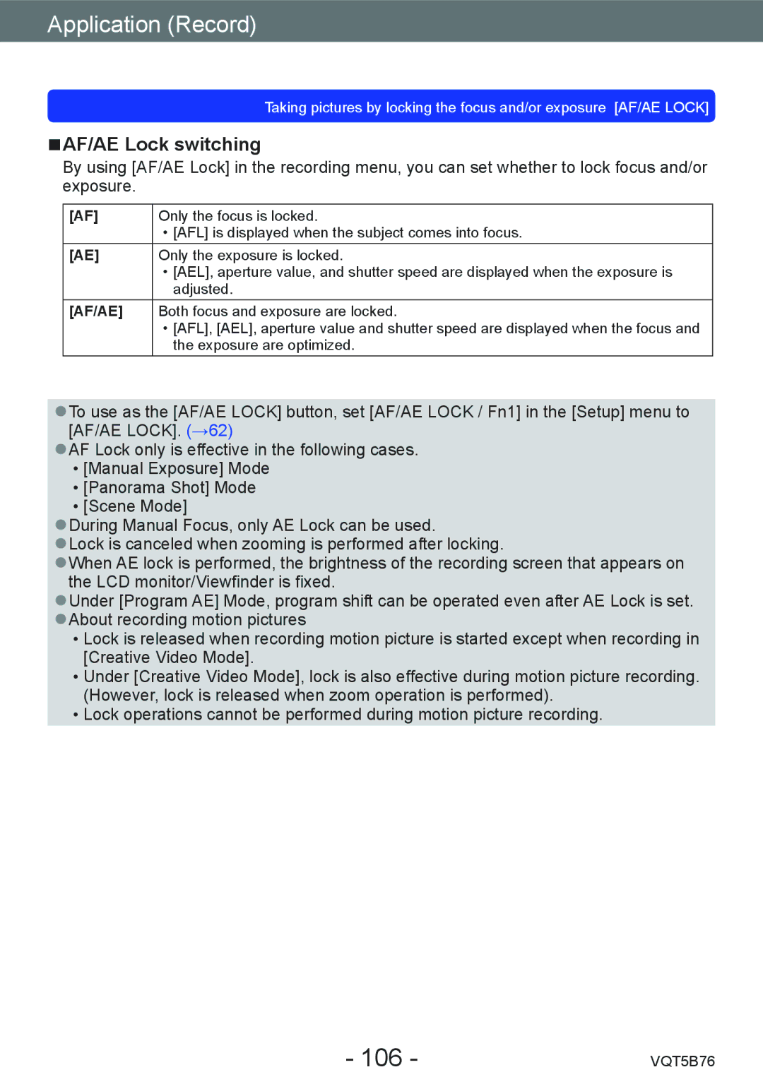 Panasonic DMC-FZ70 owner manual 106, AF/AE Lock switching 