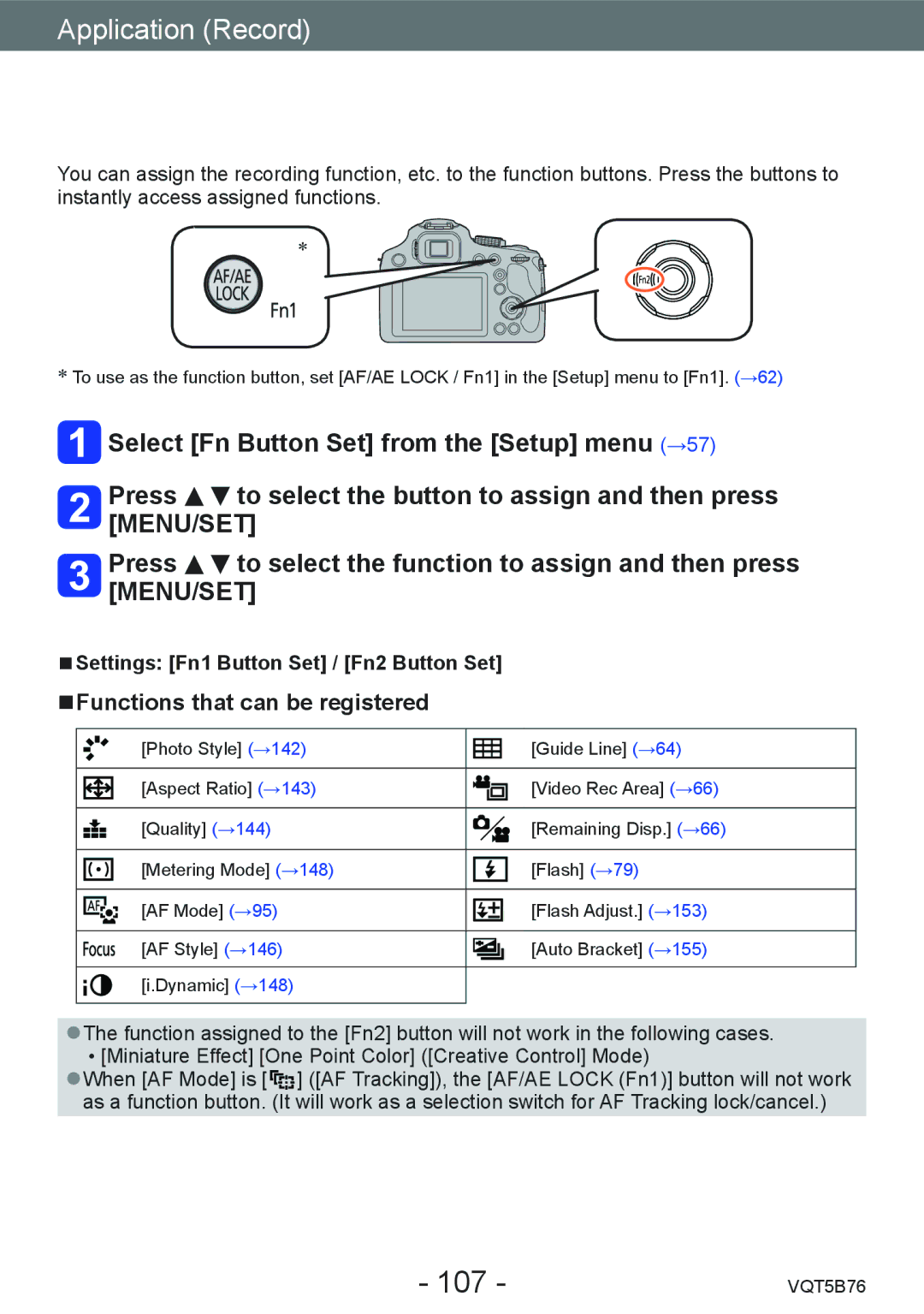 Panasonic DMC-FZ70 owner manual Using the function button, 107 