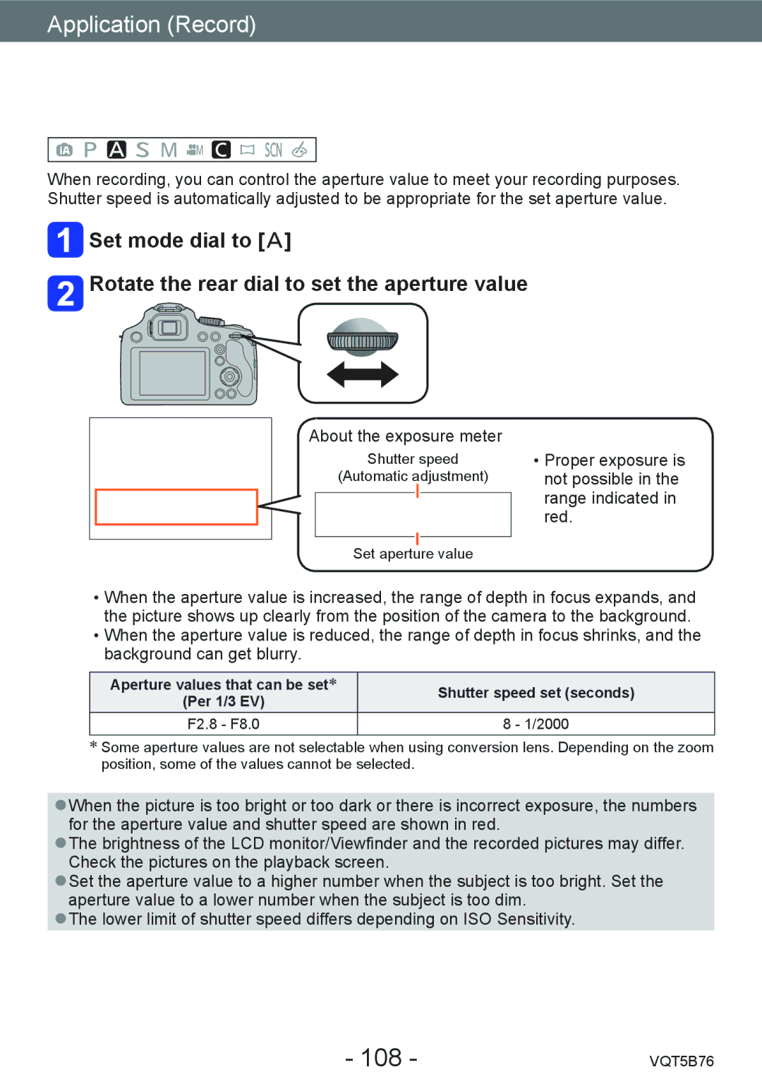 Panasonic DMC-FZ70 owner manual Taking pictures by setting the aperture value, 108, Per 1/3 EV, 2000 