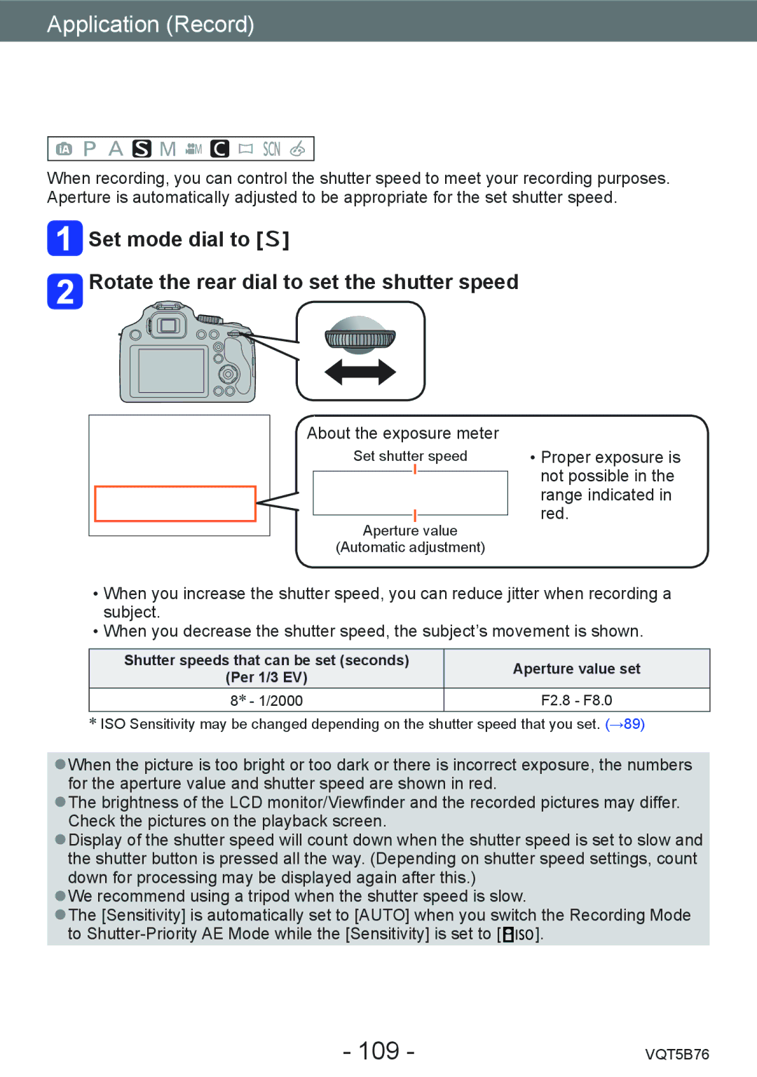 Panasonic DMC-FZ70 owner manual Taking pictures by setting the shutter speed, 109, Aperture value set 