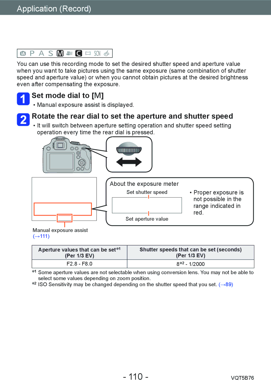 Panasonic DMC-FZ70 owner manual 110, Set mode dial to, Rotate the rear dial to set the aperture and shutter speed 