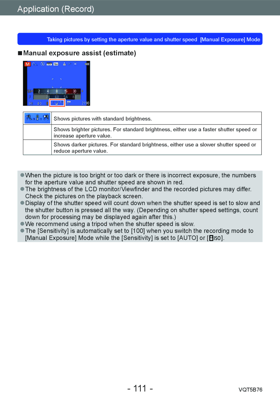 Panasonic DMC-FZ70 owner manual Manual exposure assist estimate 