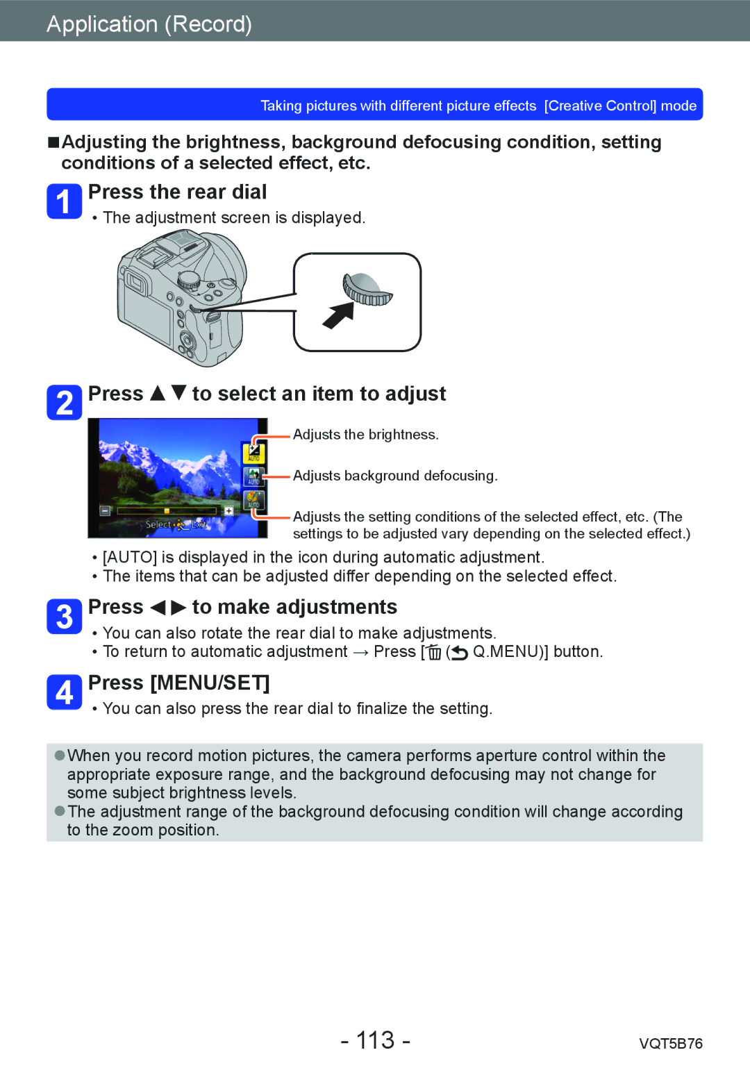 Panasonic DMC-FZ70 owner manual 113, Adjusts the brightness Adjusts background defocusing 