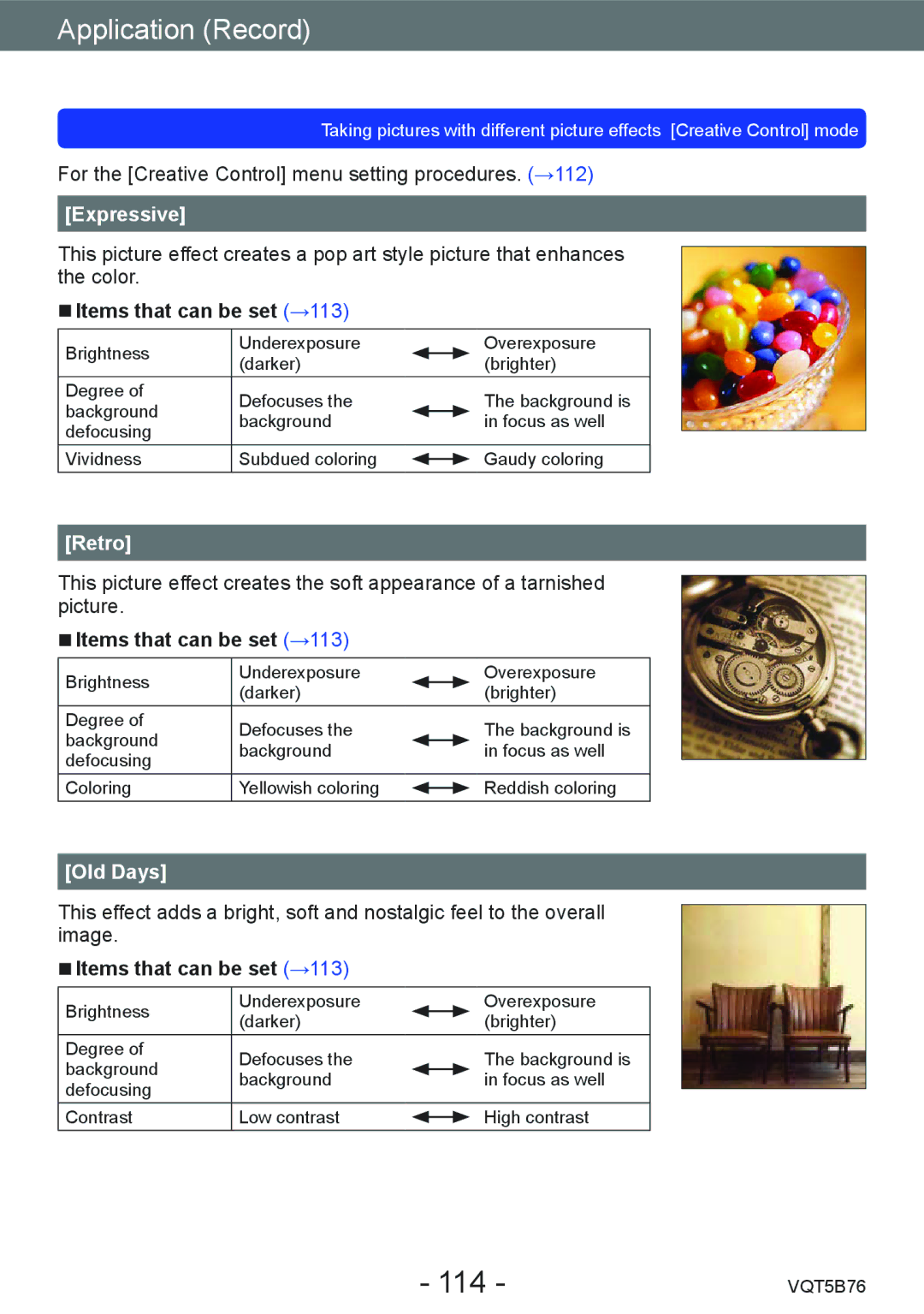 Panasonic DMC-FZ70 owner manual 114, Expressive, Items that can be set →113, Retro, Old Days 