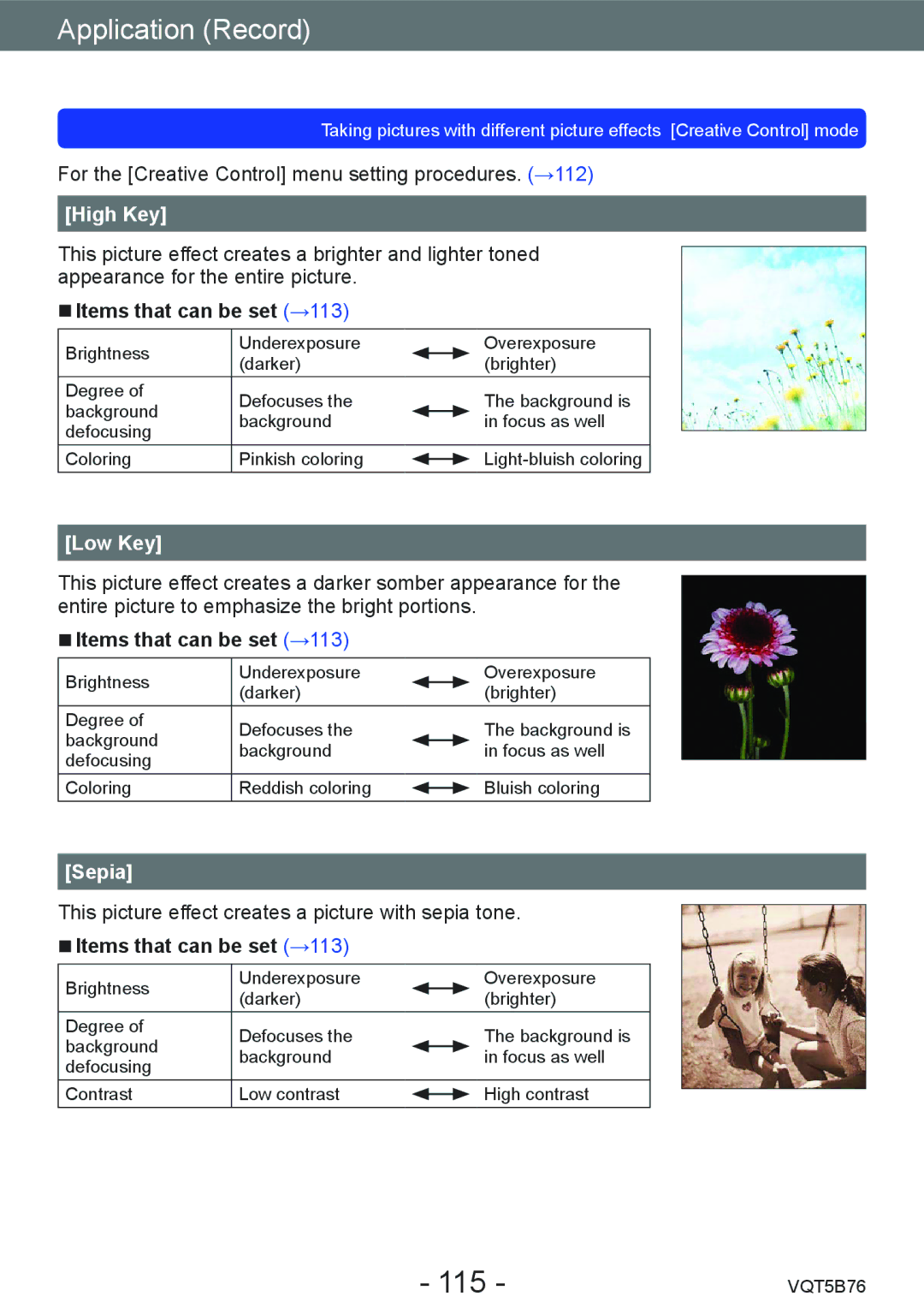 Panasonic DMC-FZ70 owner manual 115, High Key, Low Key, Sepia 