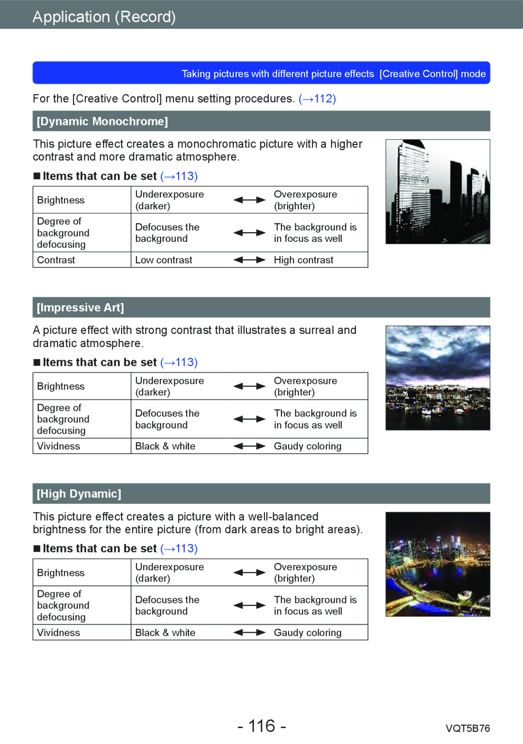 Panasonic DMC-FZ70 owner manual 116, Dynamic Monochrome, Impressive Art, High Dynamic 