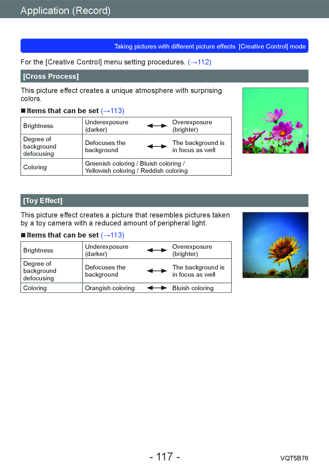 Panasonic DMC-FZ70 owner manual 117, Cross Process, Toy Effect 