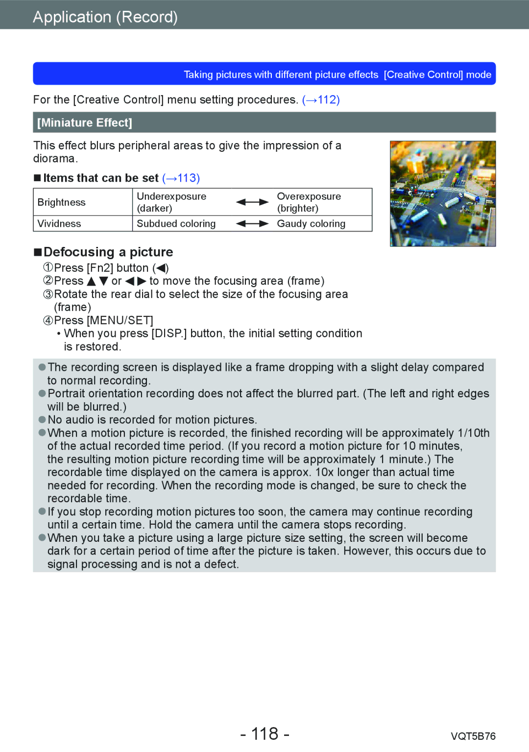 Panasonic DMC-FZ70 owner manual 118, Defocusing a picture, Miniature Effect 