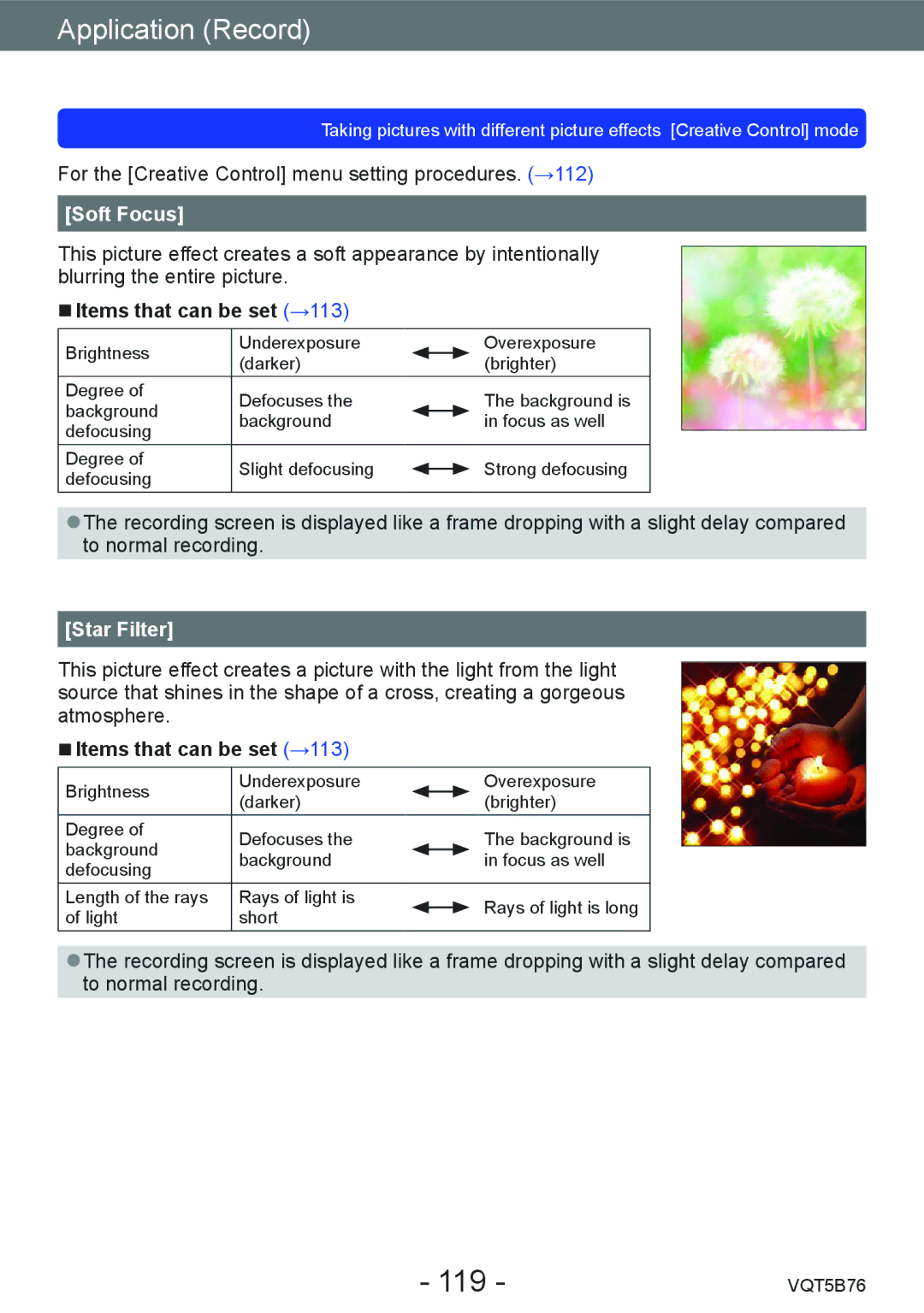 Panasonic DMC-FZ70 owner manual 119, Soft Focus, Star Filter 