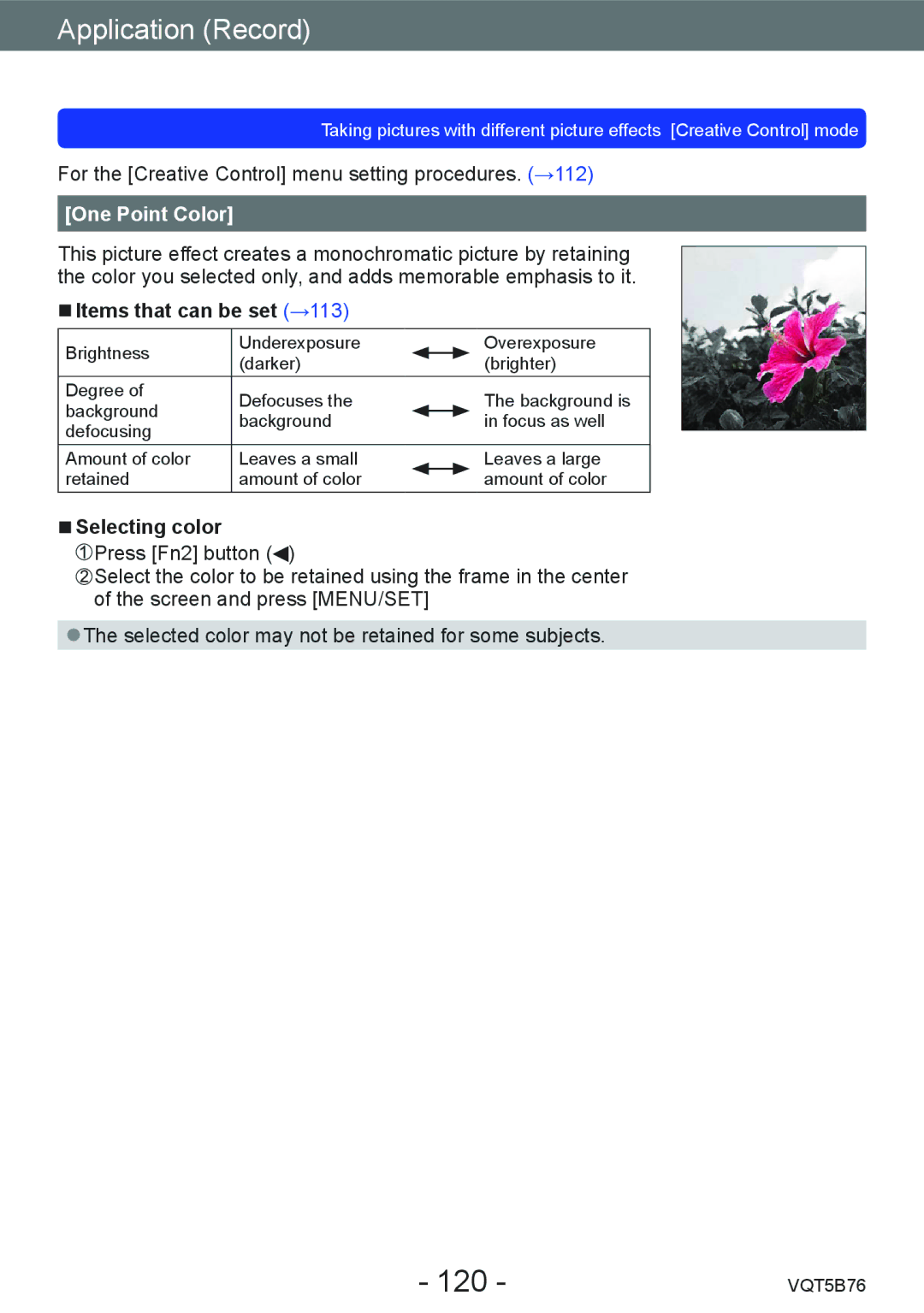 Panasonic DMC-FZ70 owner manual 120, One Point Color, Selecting color 