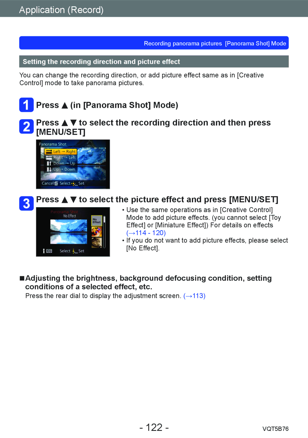 Panasonic DMC-FZ70 owner manual 122, Setting the recording direction and picture effect 