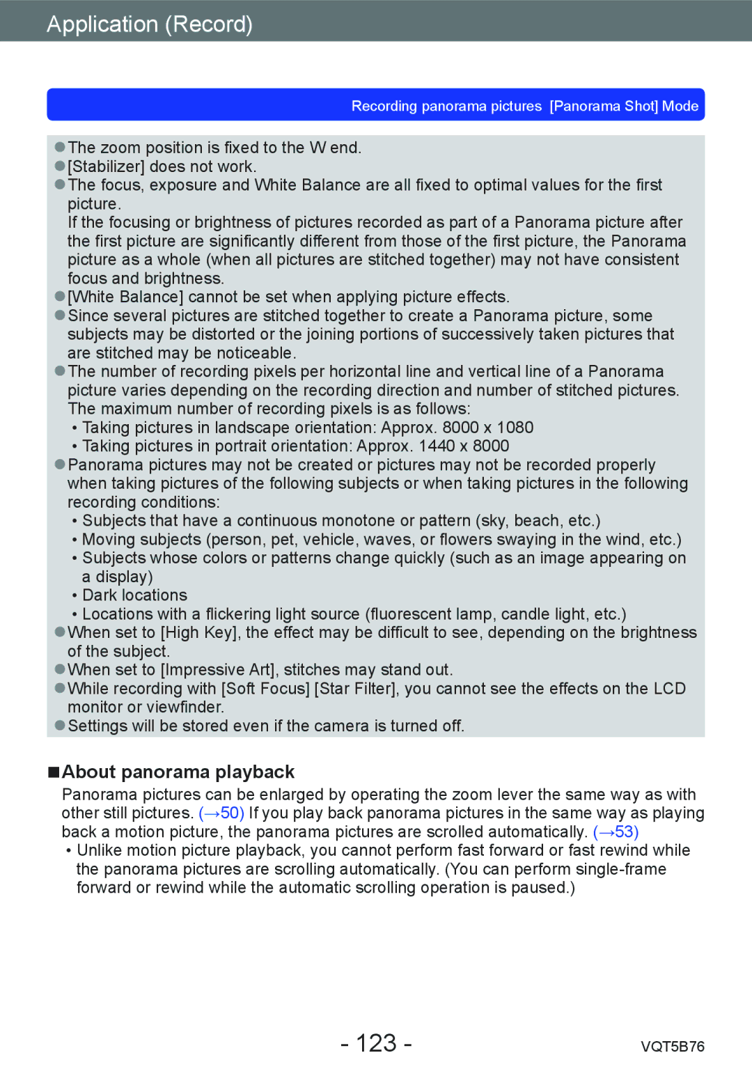 Panasonic DMC-FZ70 owner manual 123, About panorama playback 