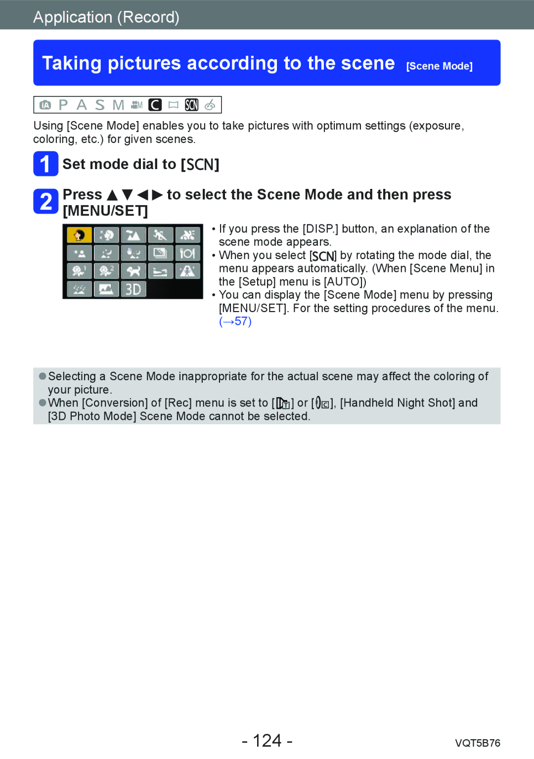 Panasonic DMC-FZ70 owner manual Taking pictures according to the scene Scene Mode, 124 