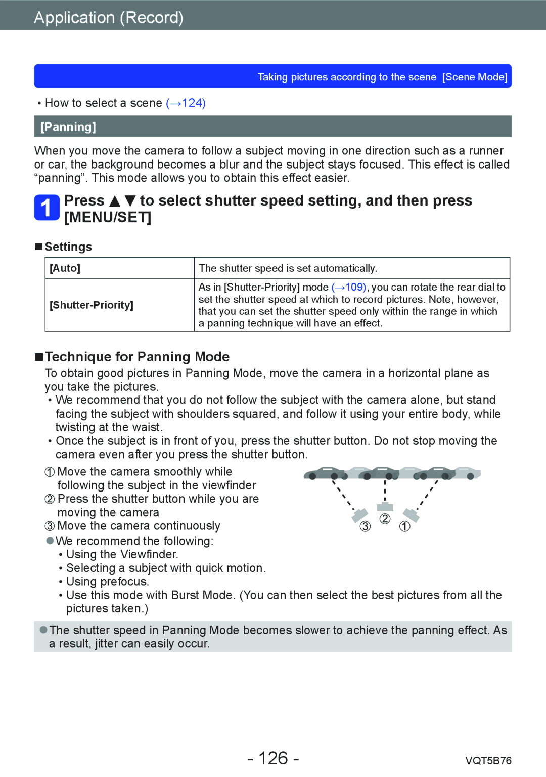 Panasonic DMC-FZ70 owner manual 126, Technique for Panning Mode, Shutter-Priority 