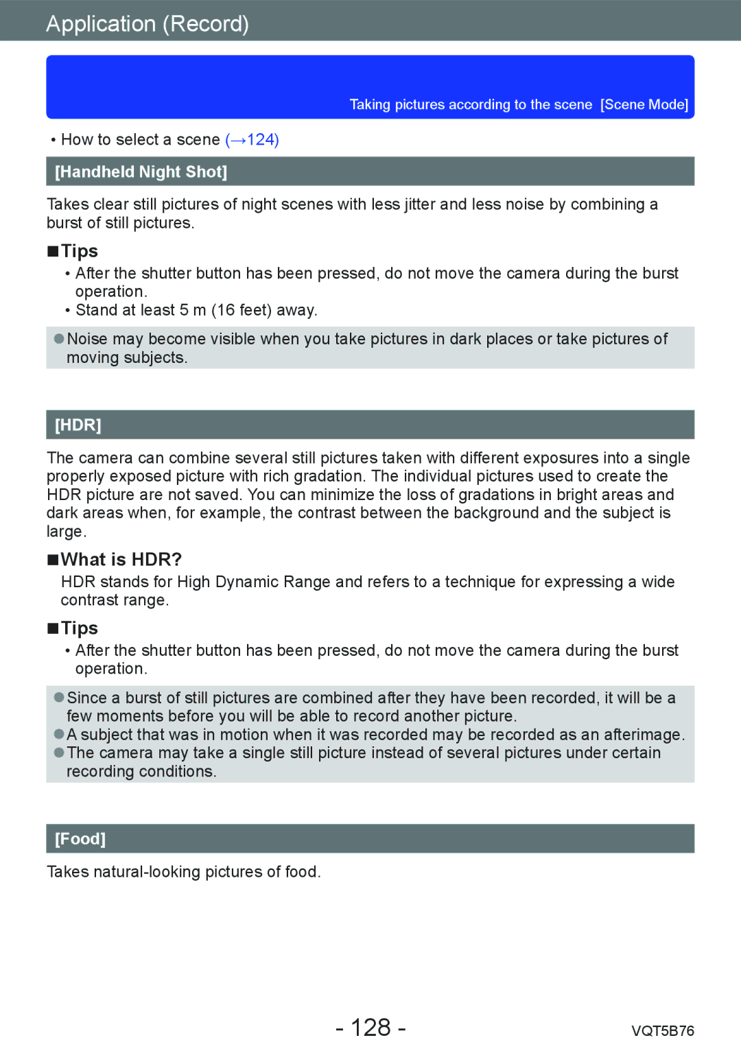 Panasonic DMC-FZ70 owner manual 128, What is HDR?, Handheld Night Shot, Food 