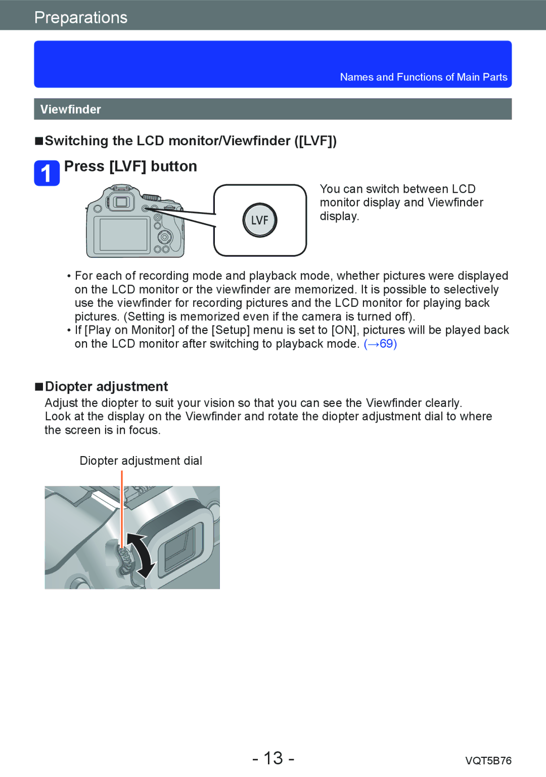 Panasonic DMC-FZ70 owner manual Press LVF button, Switching the LCD monitor/Viewfinder LVF, Diopter adjustment 