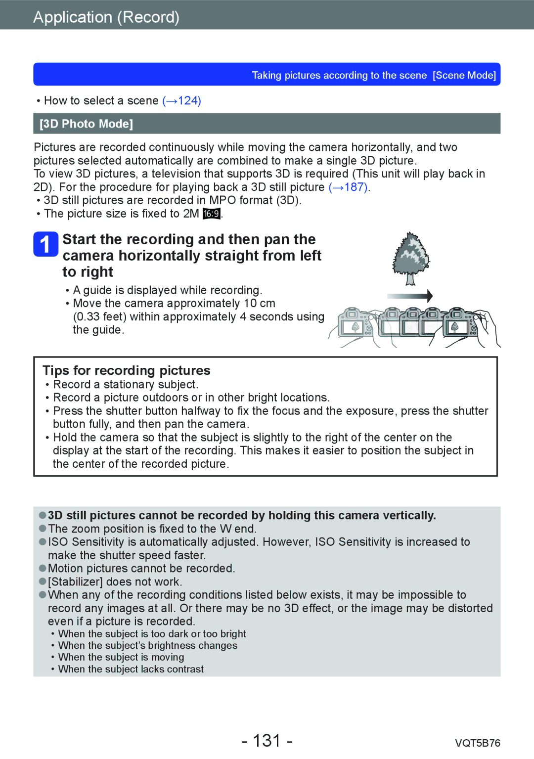 Panasonic DMC-FZ70 owner manual 131, Tips for recording pictures, 3D Photo Mode 