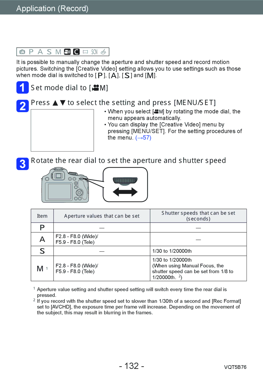 Panasonic DMC-FZ70 owner manual Recording motion pictures with manual operation, 132 