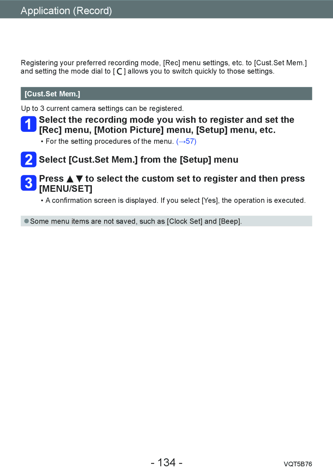 Panasonic DMC-FZ70 owner manual Register your own settings and record, 134 