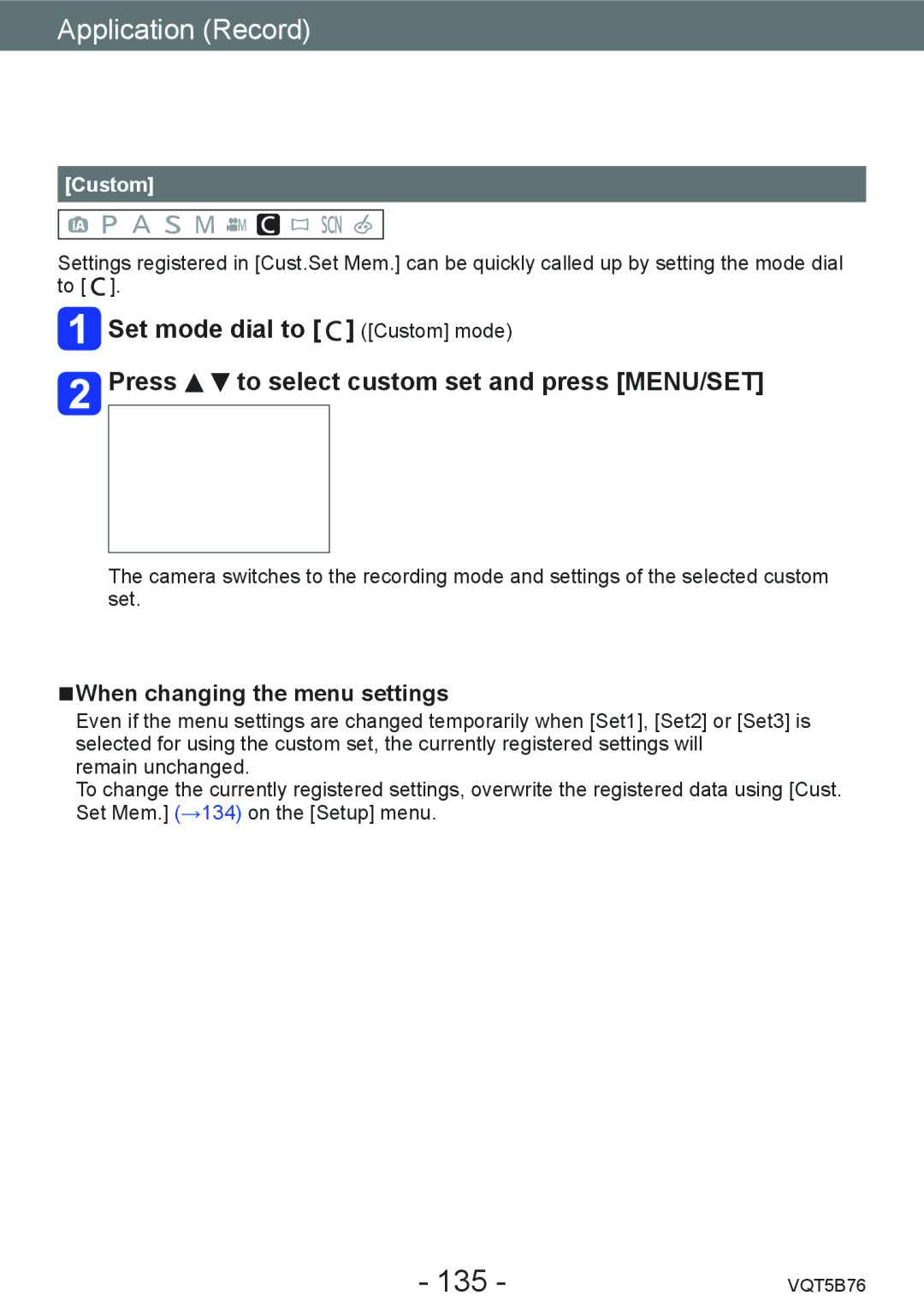 Panasonic DMC-FZ70 owner manual 135, When changing the menu settings, Custom 