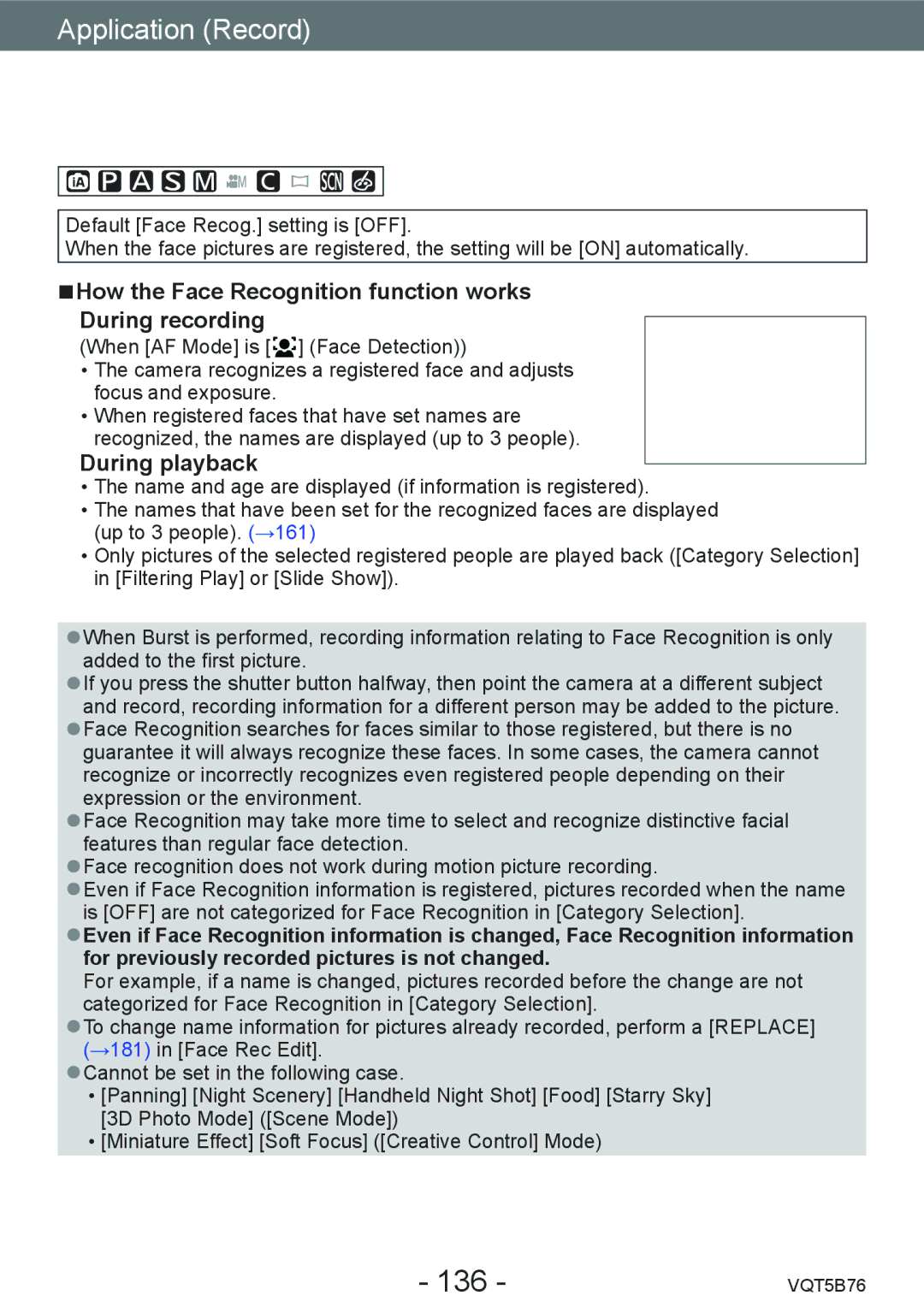 Panasonic DMC-FZ70 owner manual Recording with the Face Recognition function, 136, During playback 