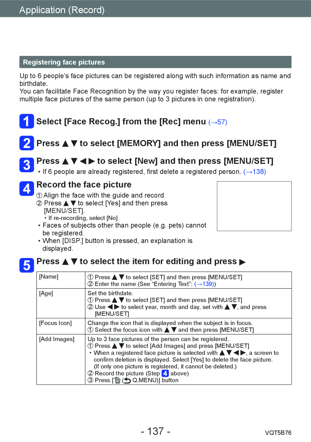 Panasonic DMC-FZ70 137, Record the face picture, Press to select the item for editing and press, Registering face pictures 