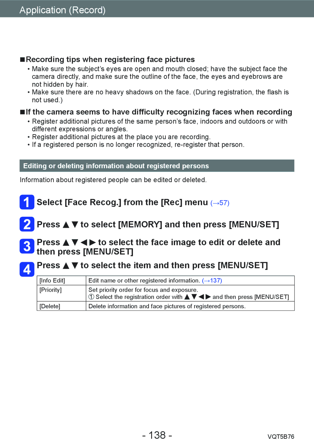 Panasonic DMC-FZ70 owner manual 138, Recording tips when registering face pictures 