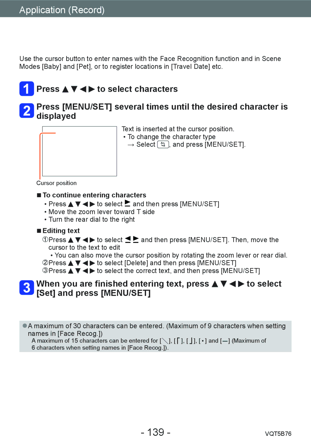 Panasonic DMC-FZ70 owner manual Entering Text, 139, To continue entering characters, Editing text 