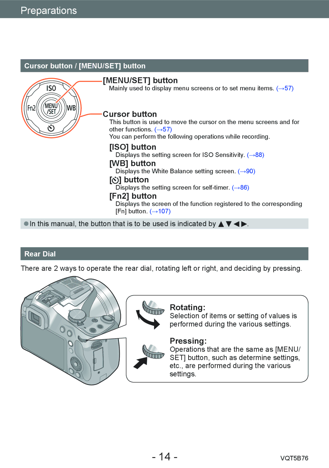 Panasonic DMC-FZ70 MENU/SET button, Cursor button, ISO button, WB button, Button, Fn2 button, Rotating, Pressing 