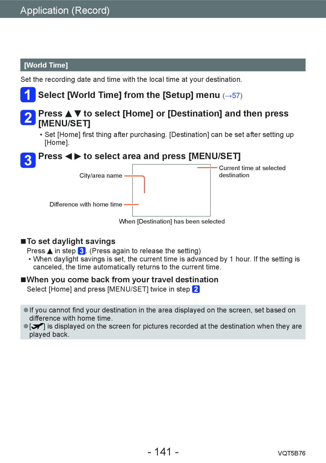 Panasonic DMC-FZ70 owner manual 141, Press To select area and press MENU/SET, To set daylight savings 