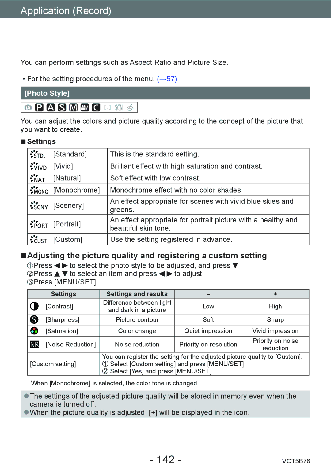 Panasonic DMC-FZ70 owner manual Using the Rec menu, 142, Photo Style, Settings 