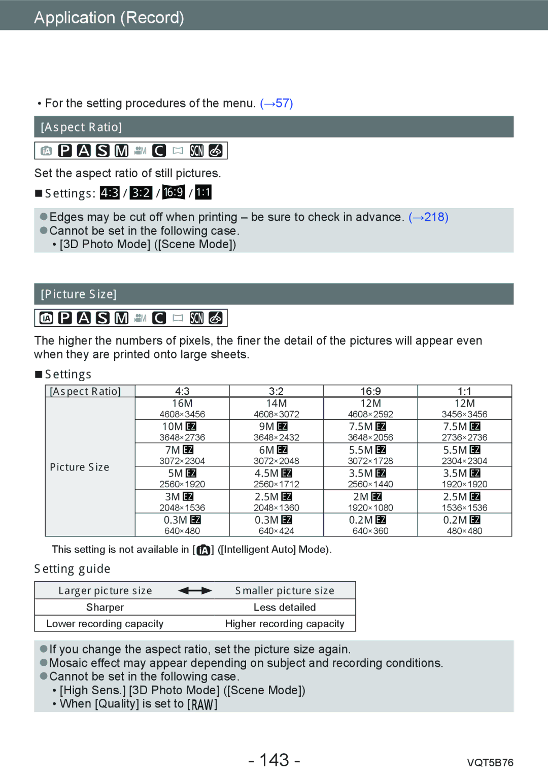 Panasonic DMC-FZ70 owner manual 143, Aspect Ratio, Picture Size, Setting guide 