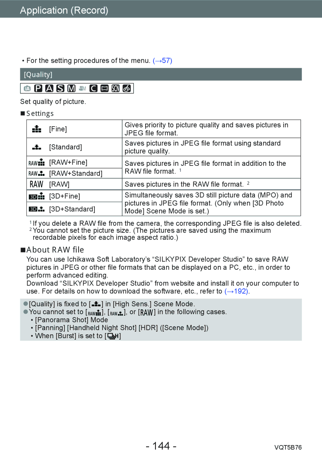 Panasonic DMC-FZ70 owner manual 144, About RAW file, Quality 